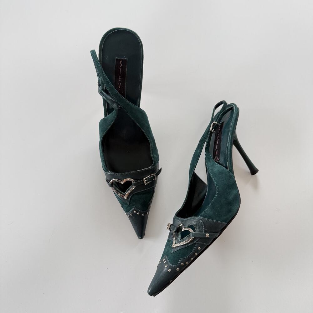 Steven By Steve Madden Heel Shoes Womens Size 8.5 Green Heart Studded Slingback